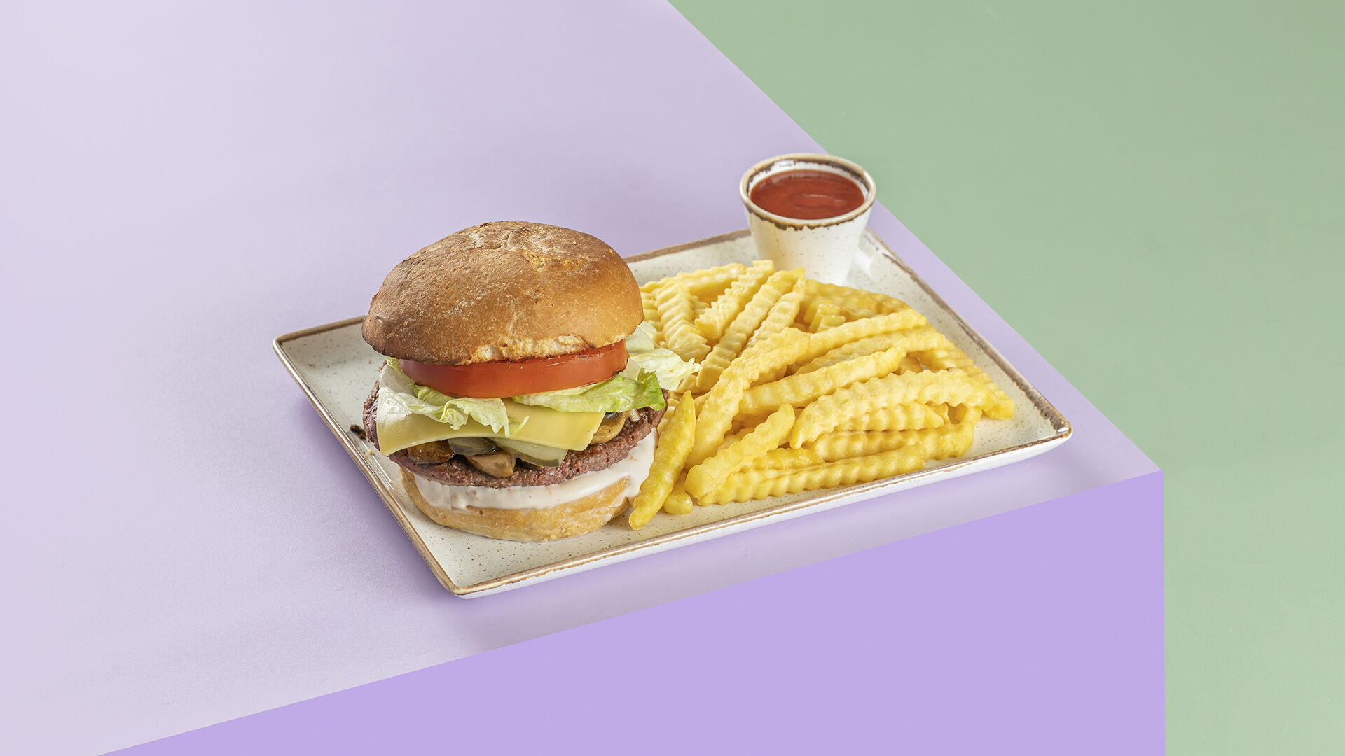 Meal Meat-free Burger Sweet Chilli with fries and ketchup